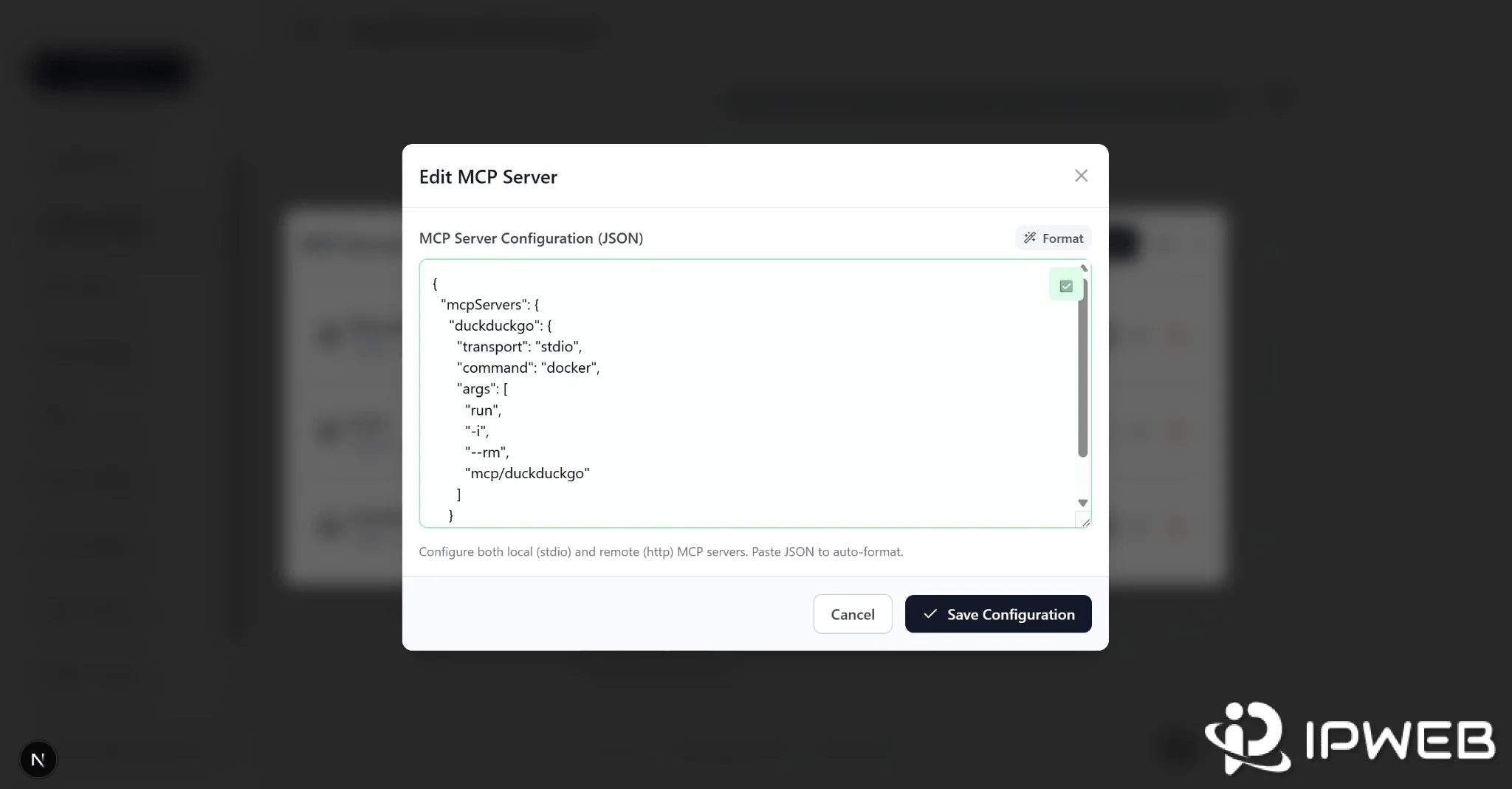 Community DuckDuckGo MCP server JSON configuration using stdio and Docker
