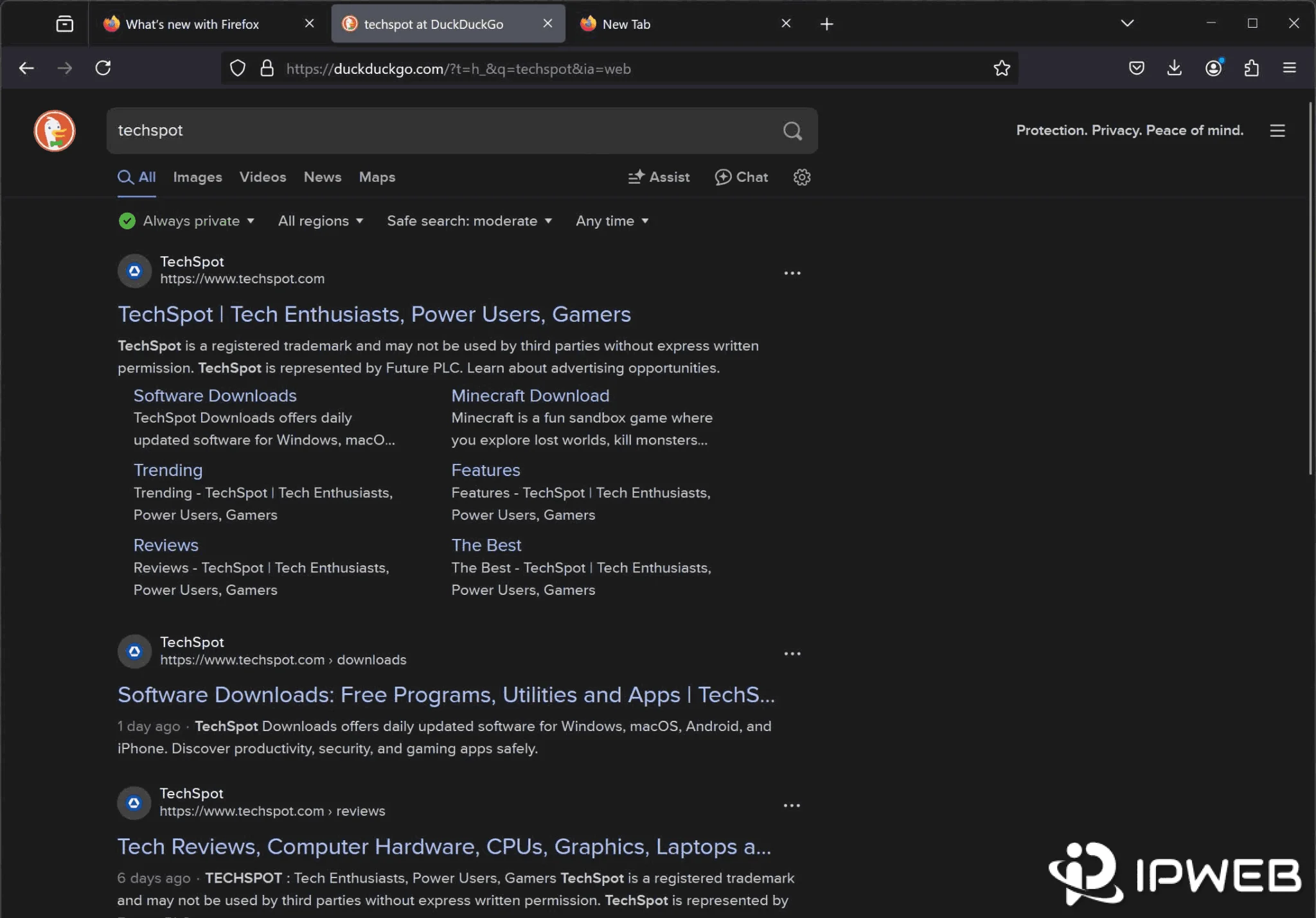 DuckDuckGo search results showing Safe Search set to moderate