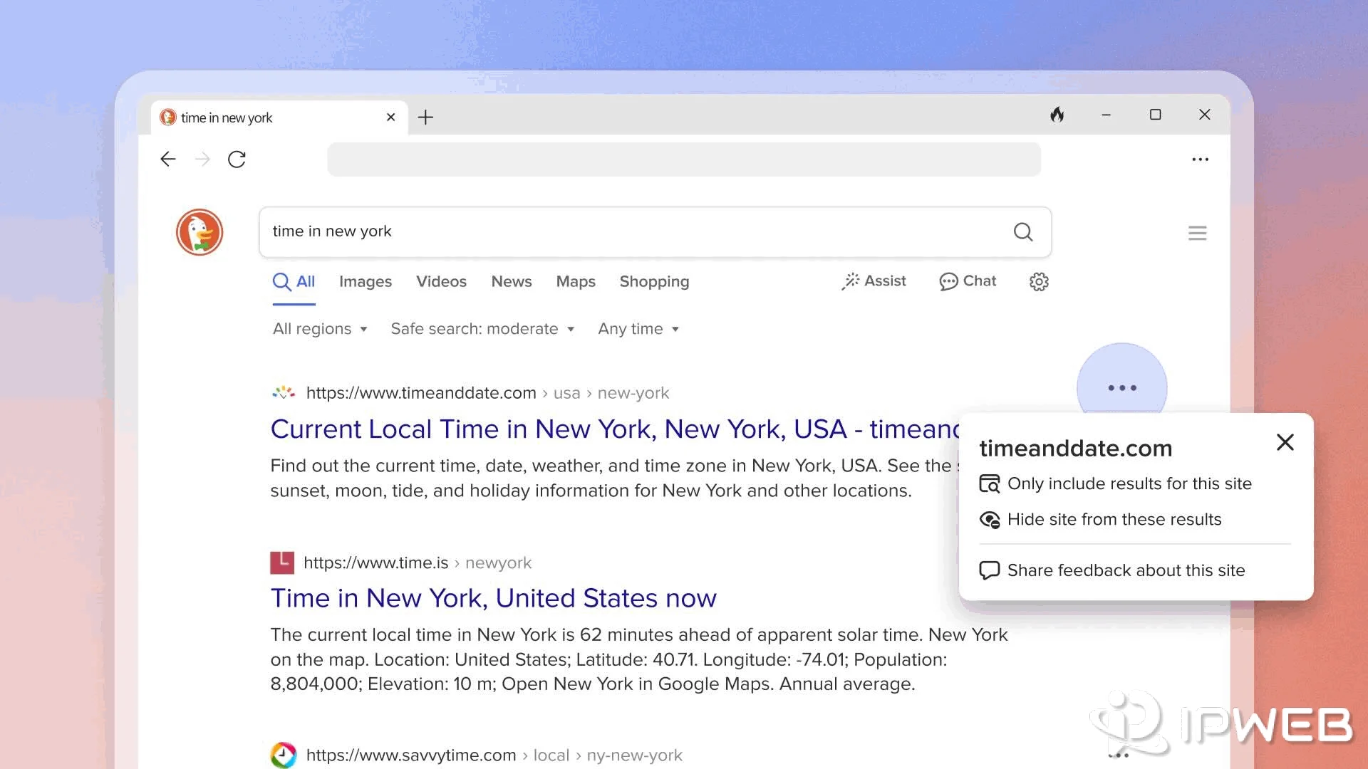 DuckDuckGo search results with an option to include results only from one site