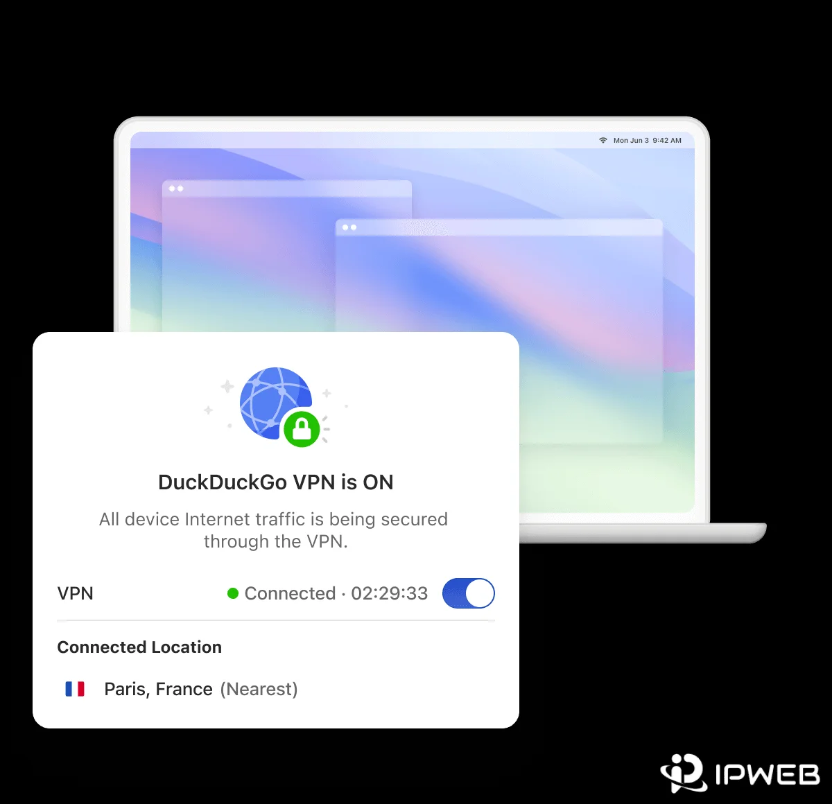 DuckDuckGo VPN connected interface showing VPN location