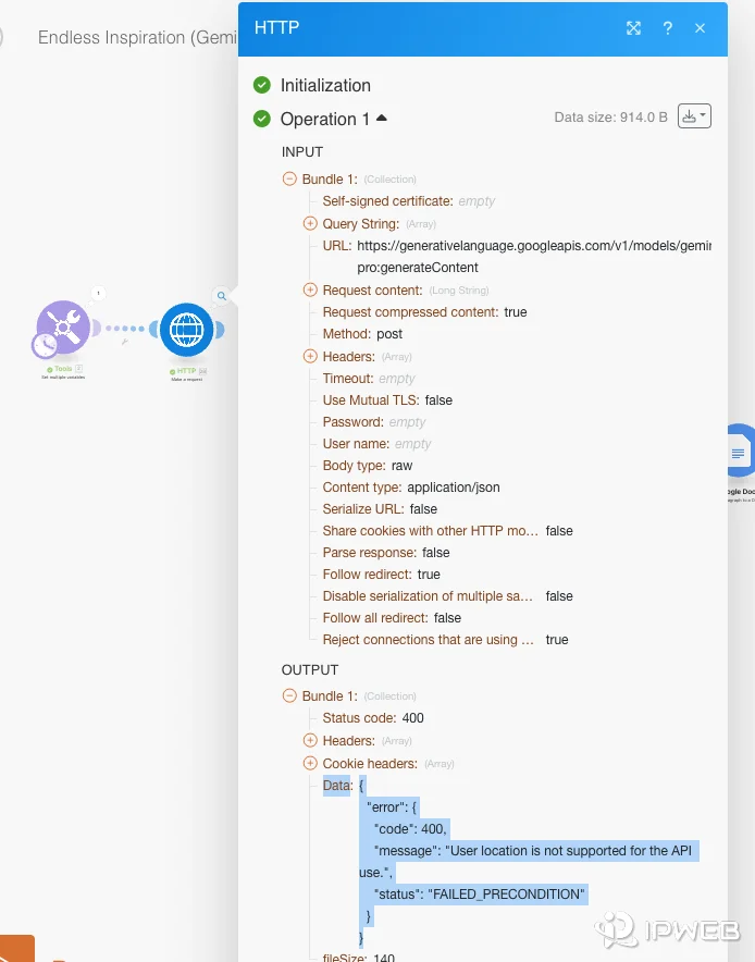 Gemini API request returning HTTP 400 User location is not supported for the API use FAILED_PRECONDITION