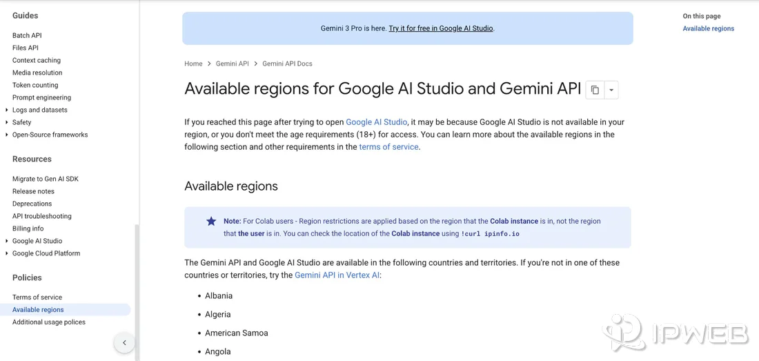 Google Gemini API available regions documentation stating that Colab restrictions follow the instance region rather than the user region
