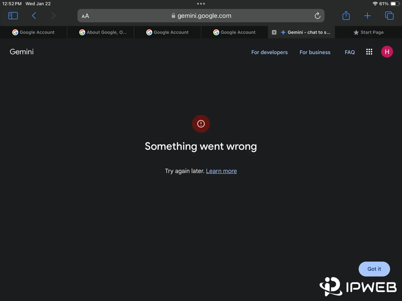Gemini showing a Something went wrong error on an iPad while Wi-Fi is connected