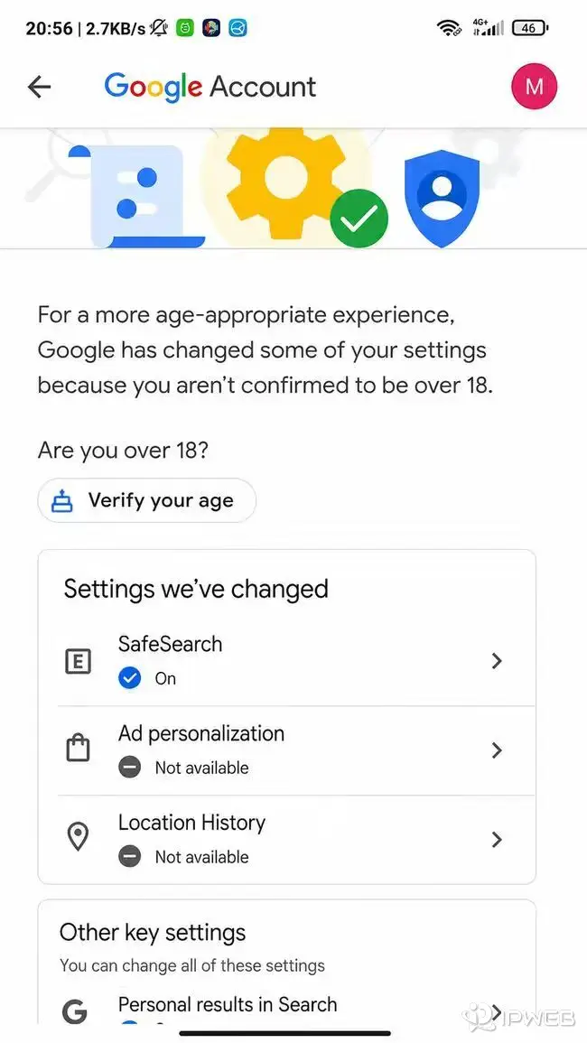 Google Account age verification page asking the user to verify that they are over 18