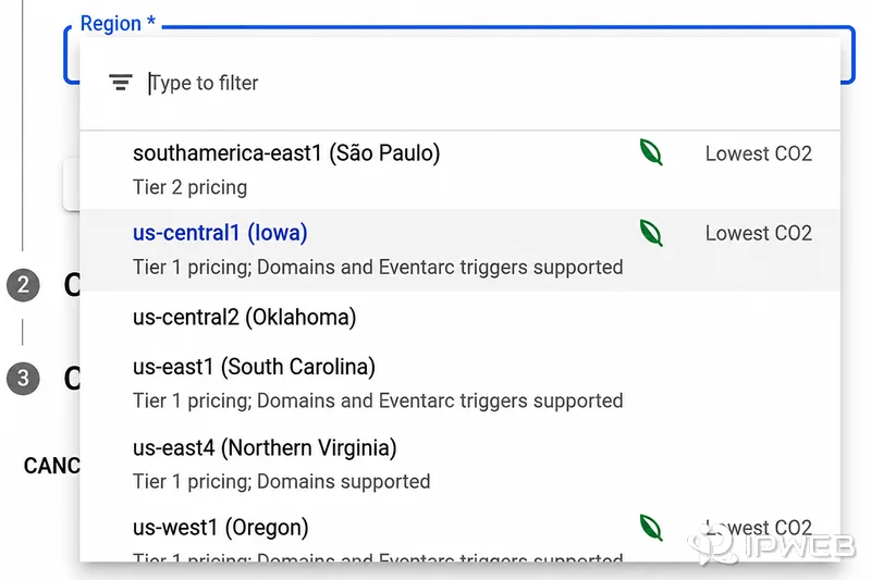 Google Cloud region selector listing deployment regions including us-central1 us-east1 and us-west1