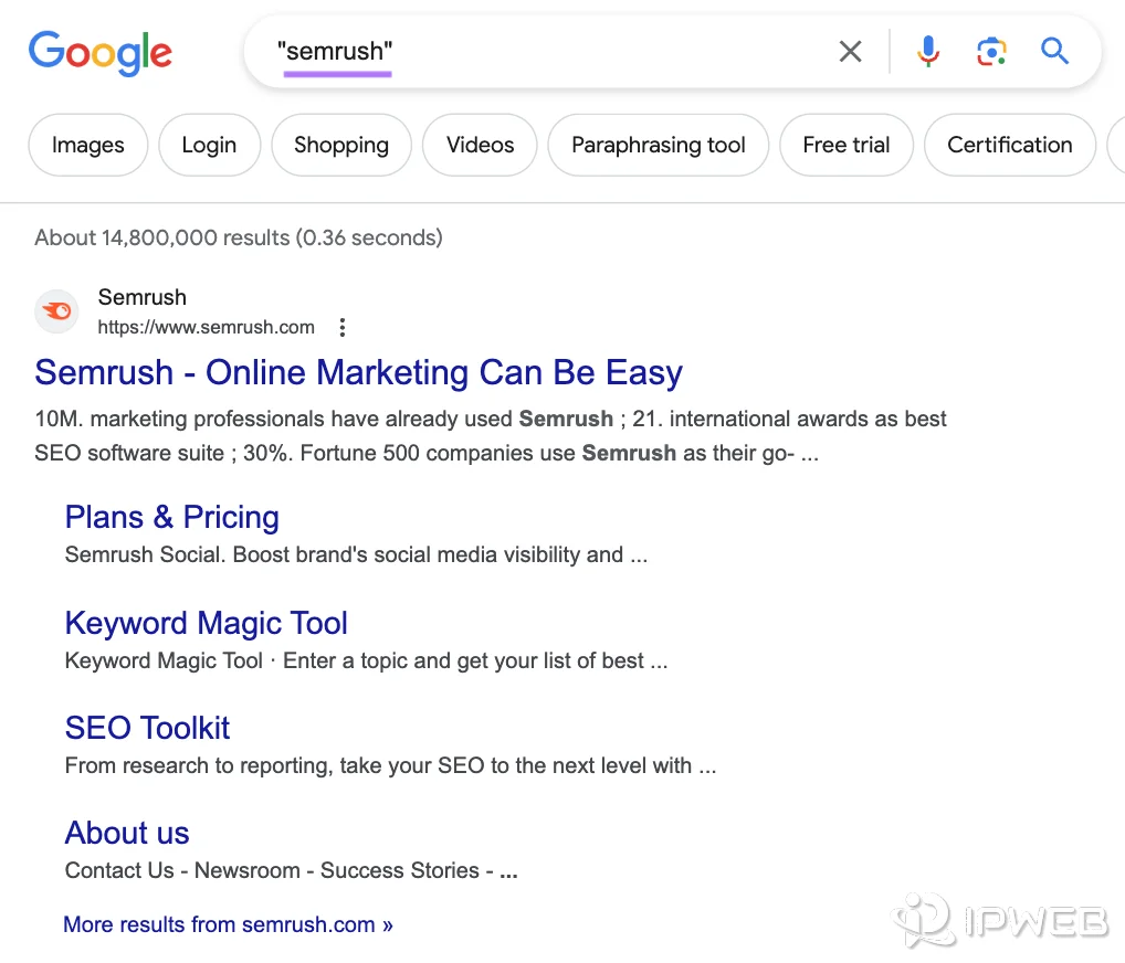 Google search results using quotation marks for an exact-match query
