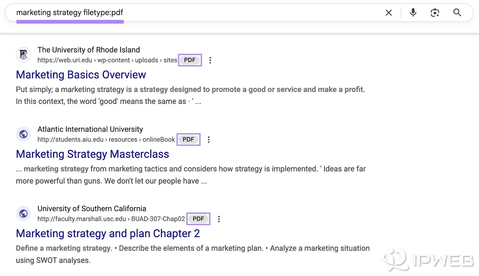 Google search results filtered to PDF documents with the filetype operator
