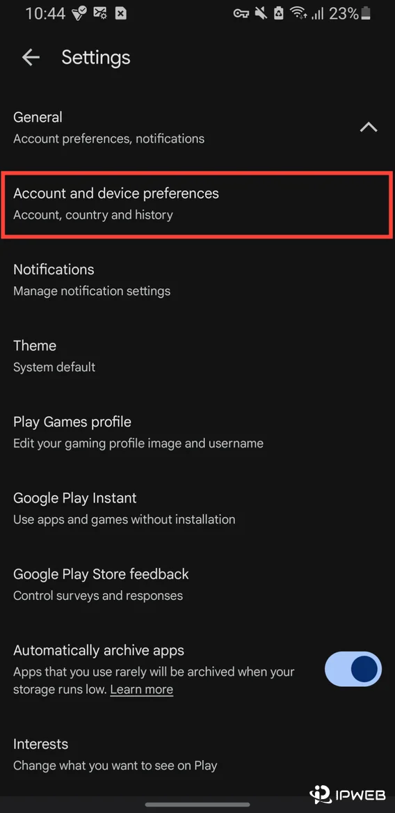Google Play settings showing Account and device preferences