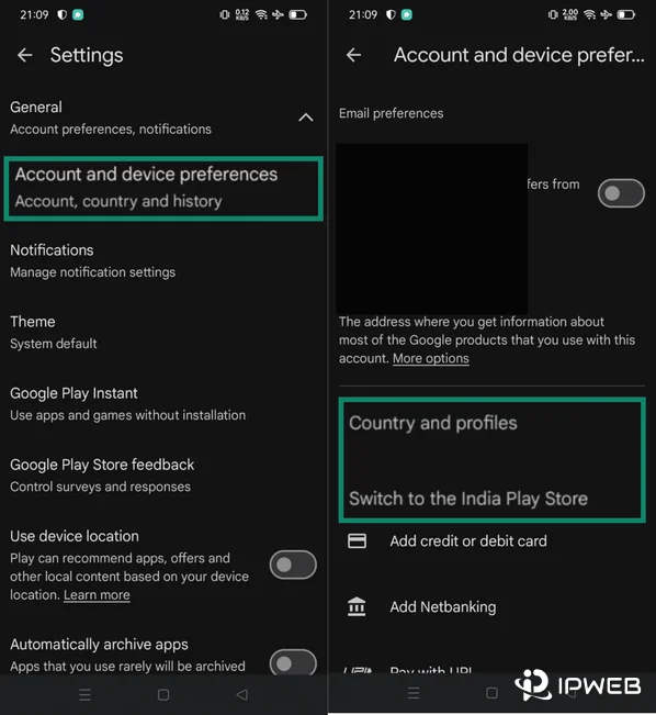 Google Play path from Settings to Account and device preferences and Country and profiles
