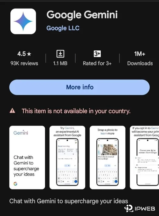 Google Play showing Google Gemini with the message This item is not available in your country