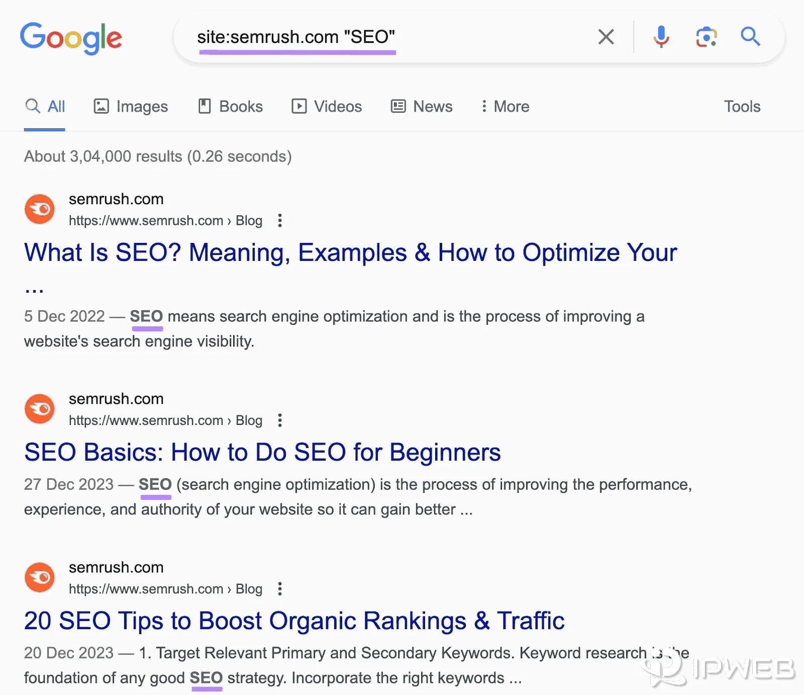 Google search results using the site operator with an exact-match keyword