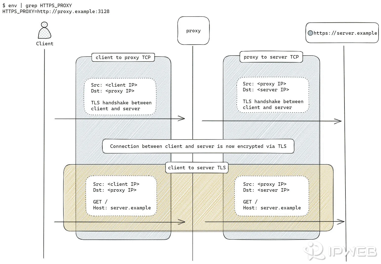 TLS traffic flowing through an HTTP proxy tunnel between a client and HTTPS server