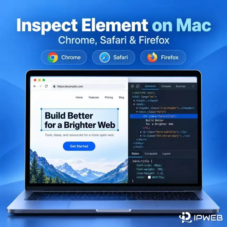 Inspect Element on Mac cover showing Chrome DevTools on a MacBook with Chrome, Safari, and Firefox support