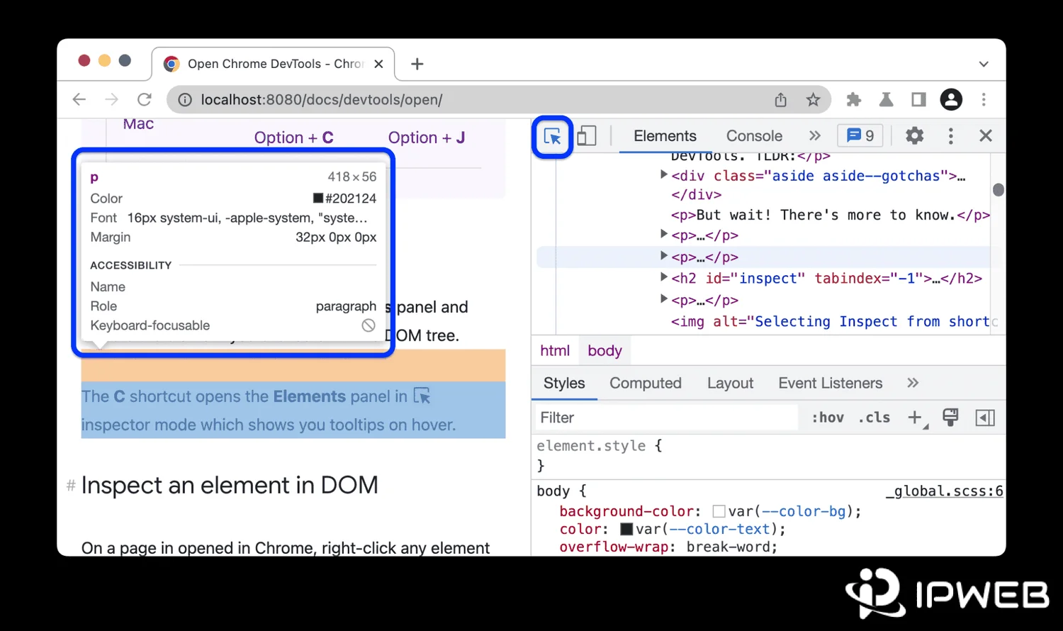 Chrome inspect mode highlighting a page element while the Elements panel is open on Mac
