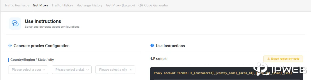 IPWeb residential proxy dashboard for generating proxy configuration settings