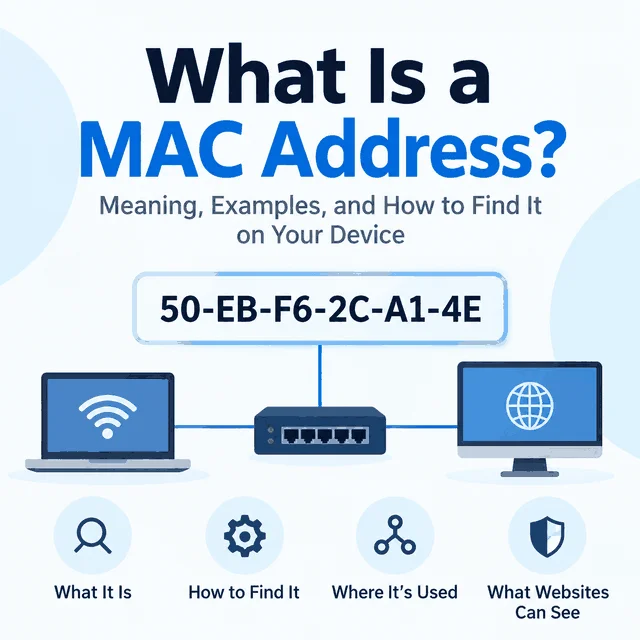 What Is a MAC Address cover showing a MAC address identifier connected to network device icons