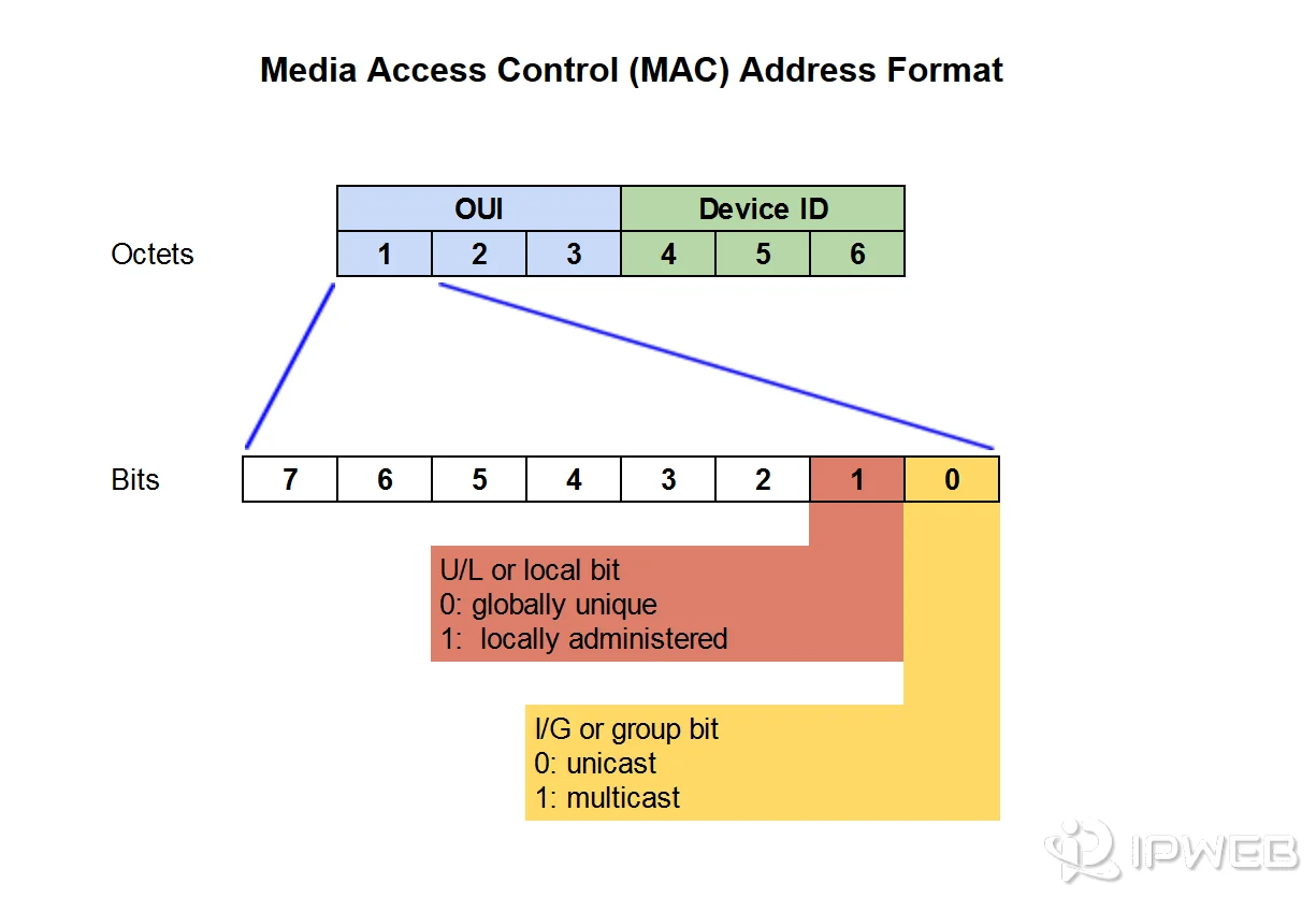 MAC address format diagram showing six octets, OUI, device ID, U/L bit, and I/G bit