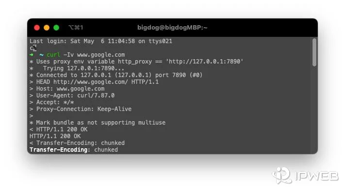 macOS Terminal showing curl using the http_proxy environment variable and connecting through 127.0.0.1 port 7890