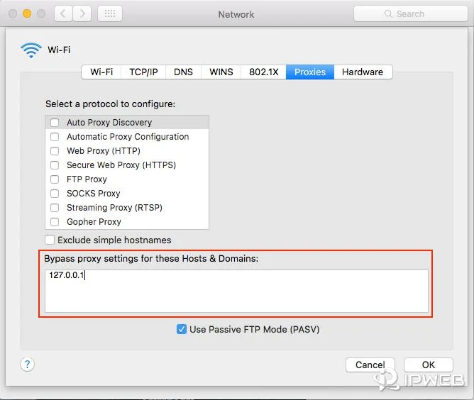 macOS Network proxy settings showing 127.0.0.1 in the bypass hosts and domains list