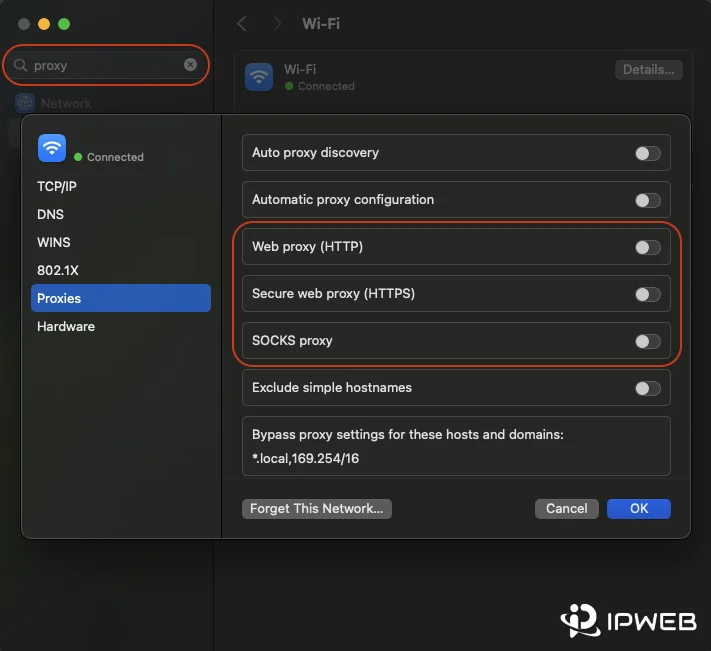 macOS Wi-Fi proxy settings panel showing HTTP, HTTPS, SOCKS, and bypass options