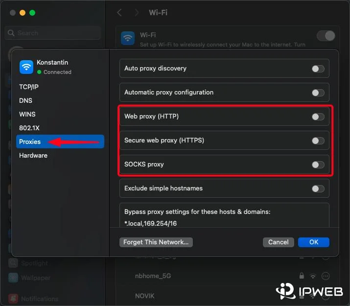 macOS proxy settings with HTTP, HTTPS, and SOCKS options highlighted