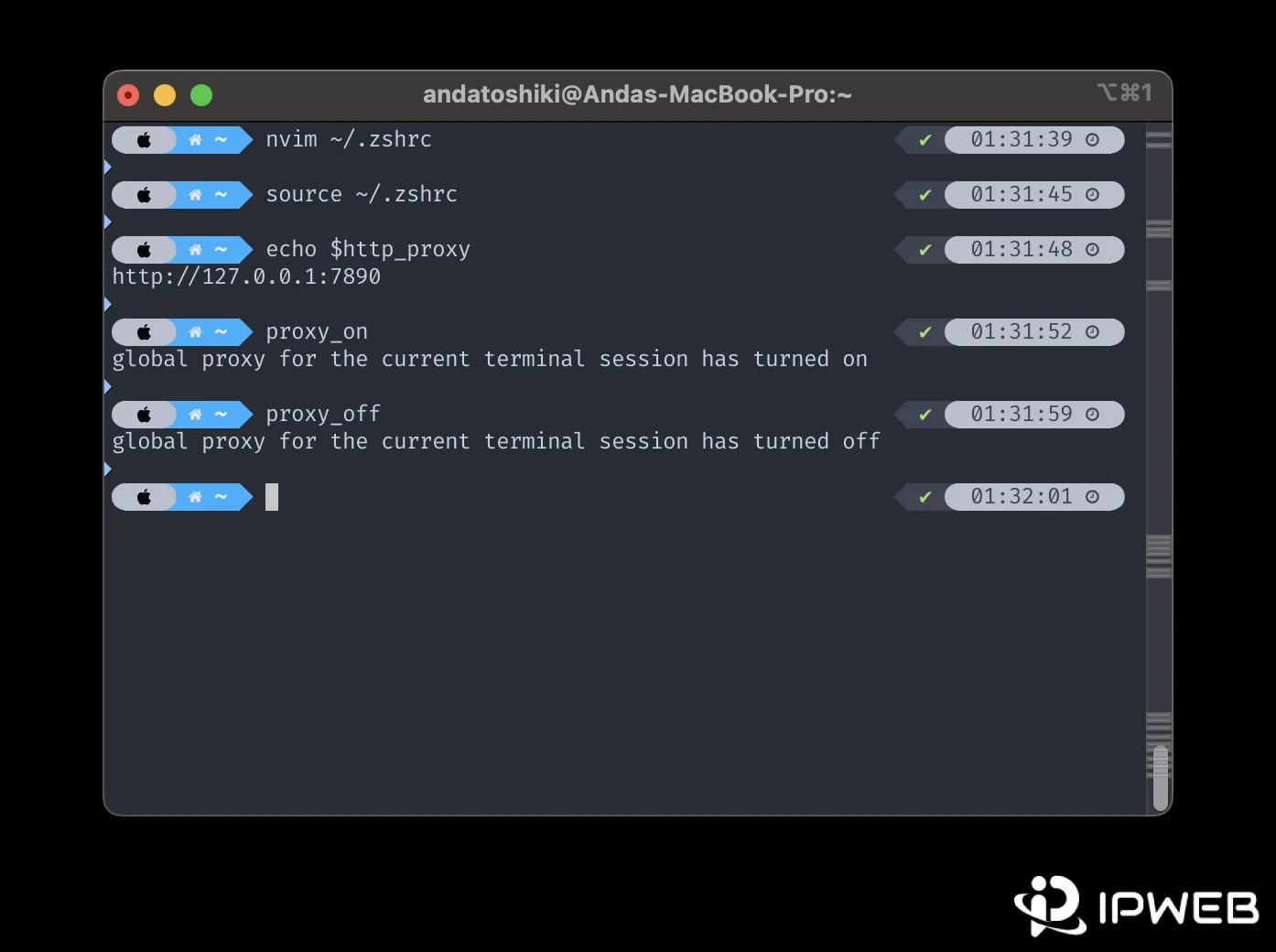 macOS Terminal showing zshrc reload, http_proxy value, and proxy on and off commands