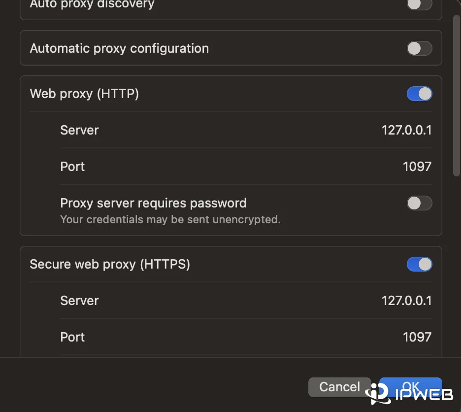 macOS Ventura proxy settings showing HTTP and HTTPS proxy server configuration
