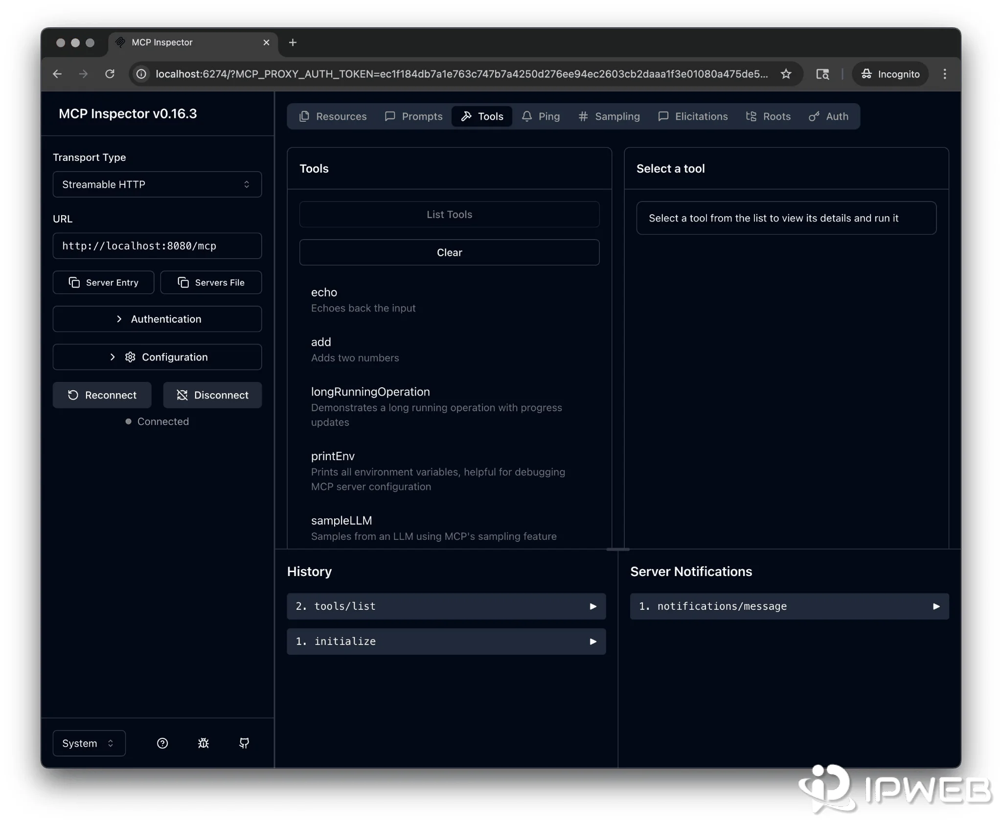 MCP Inspector Tools interface showing a connected MCP server