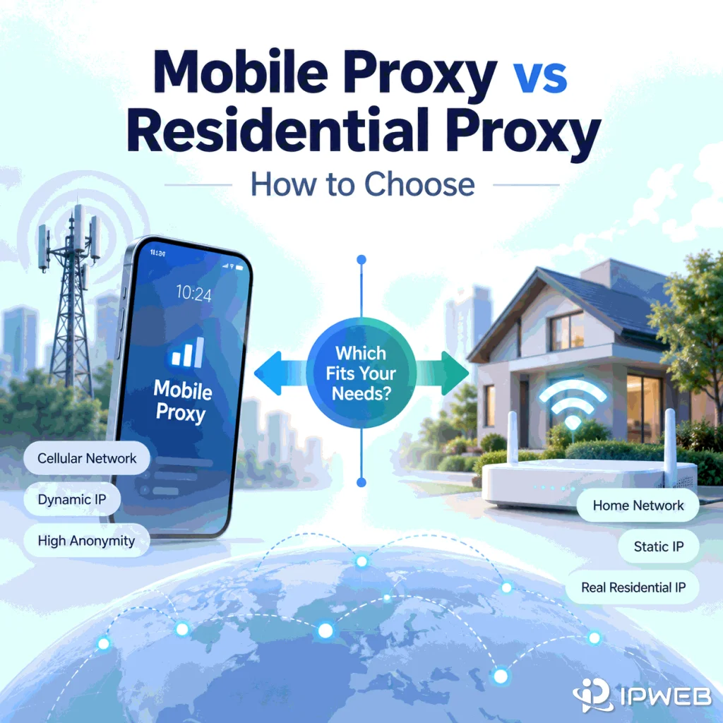 Mobile proxy vs residential proxy comparison showing a cellular network and a home network