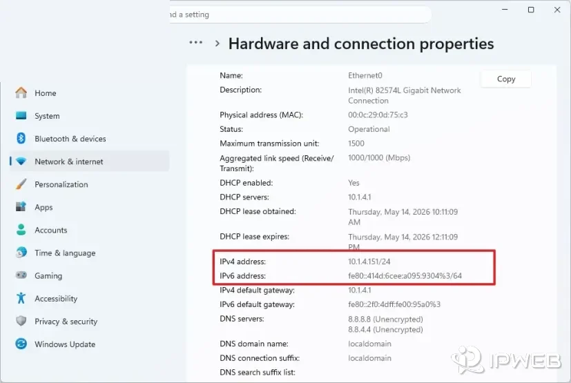 Windows 11 hardware and connection properties showing MAC address, IPv4 address, and IPv6 address.