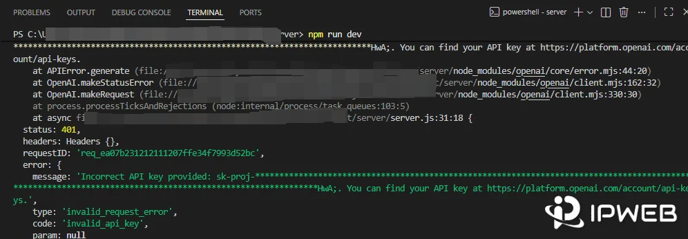 OpenAI API 401 invalid API key error shown in a terminal
