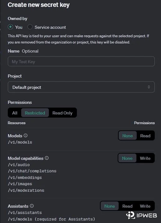 OpenAI API key Restricted permissions showing endpoint-level Read and Write access
