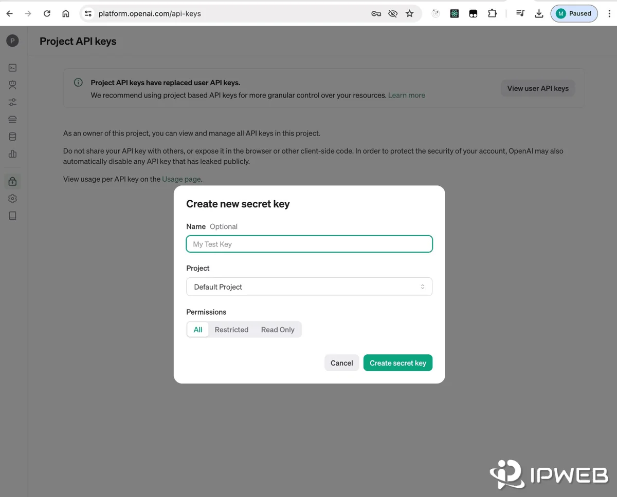 OpenAI Project API Keys page showing project selection and secret key permissions