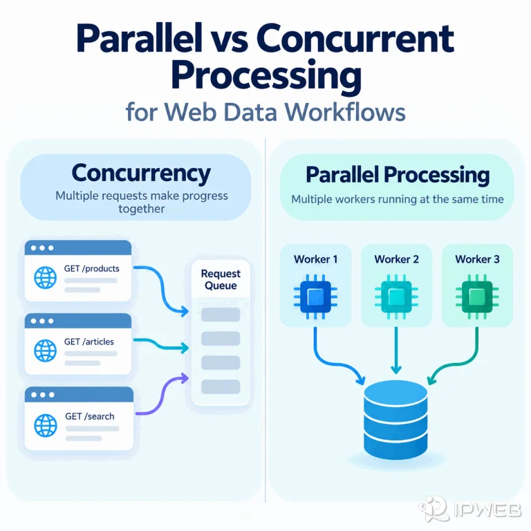 Parallel vs concurrent processing cover image for web data workflows, comparing concurrency and parallel processing in a clean blue and teal infographic style