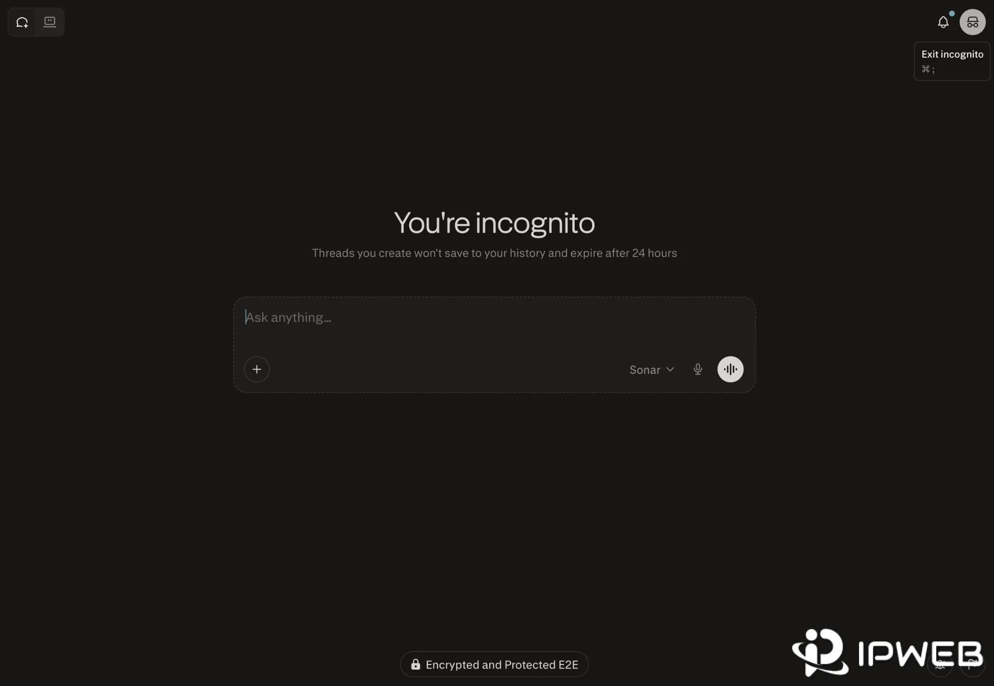 Perplexity built-in Incognito mode screen with temporary thread history