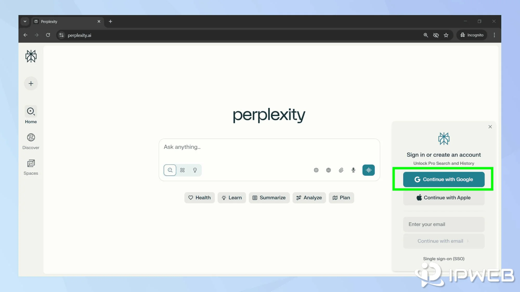 Perplexity sign-in panel opened in a Chrome Incognito window with Google, Apple, email, and SSO options