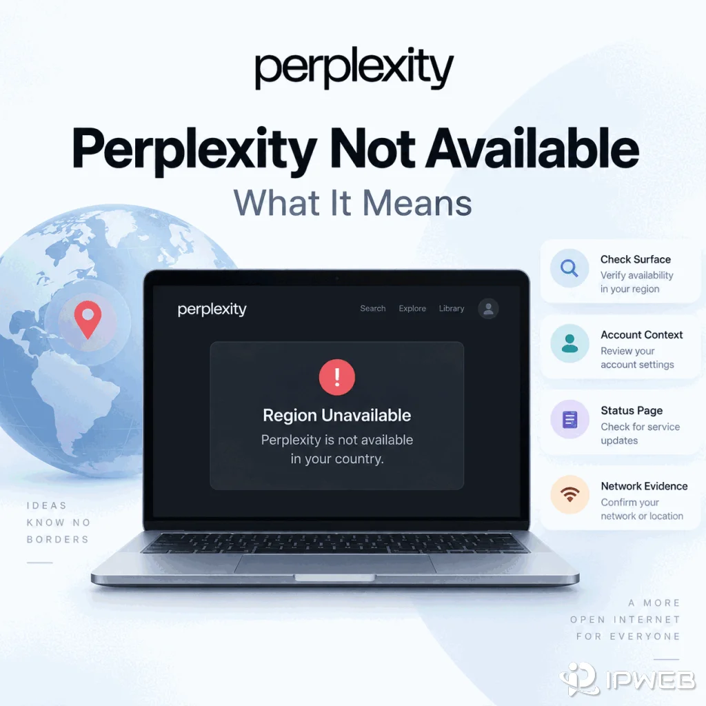 Perplexity not available in your country cover showing a region unavailable message and checks for account, service status, and network evidence