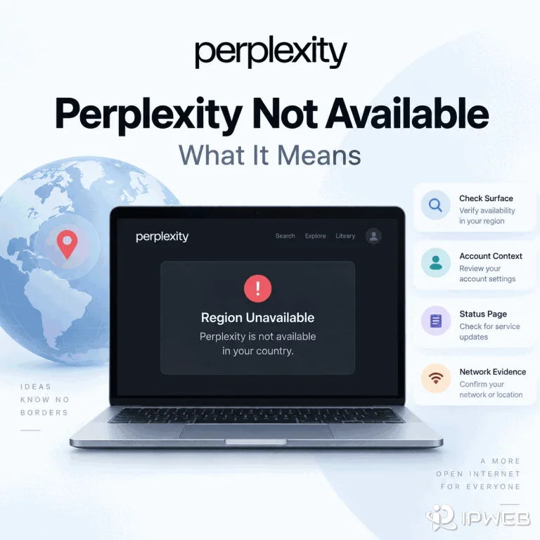 Perplexity not available in your country cover showing a region unavailable message and checks for account, service status, and network evidence