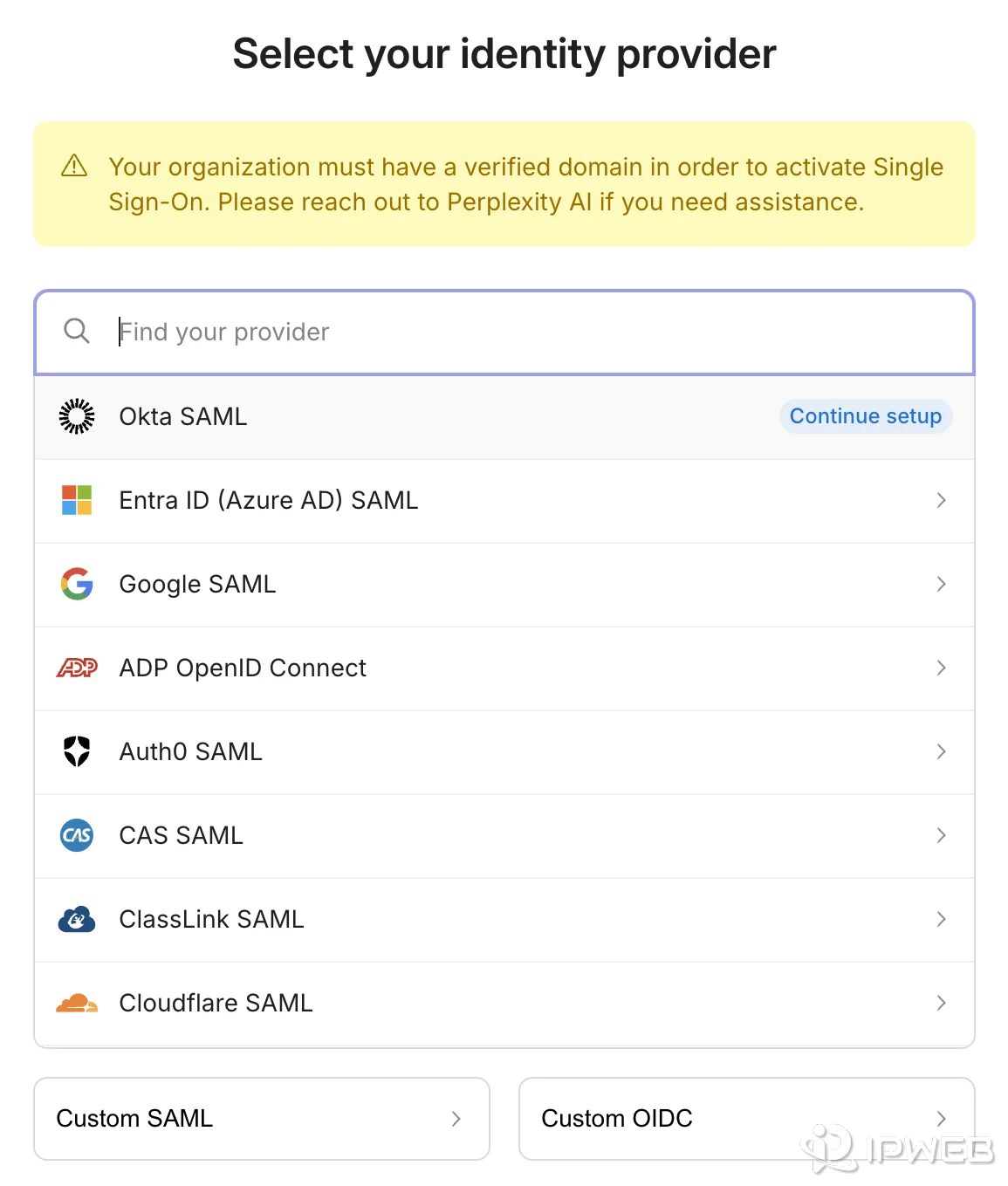 Perplexity single sign-on identity provider selection with Okta, Entra ID, Google SAML, Auth0, CAS, ClassLink, Cloudflare, and custom SSO options
