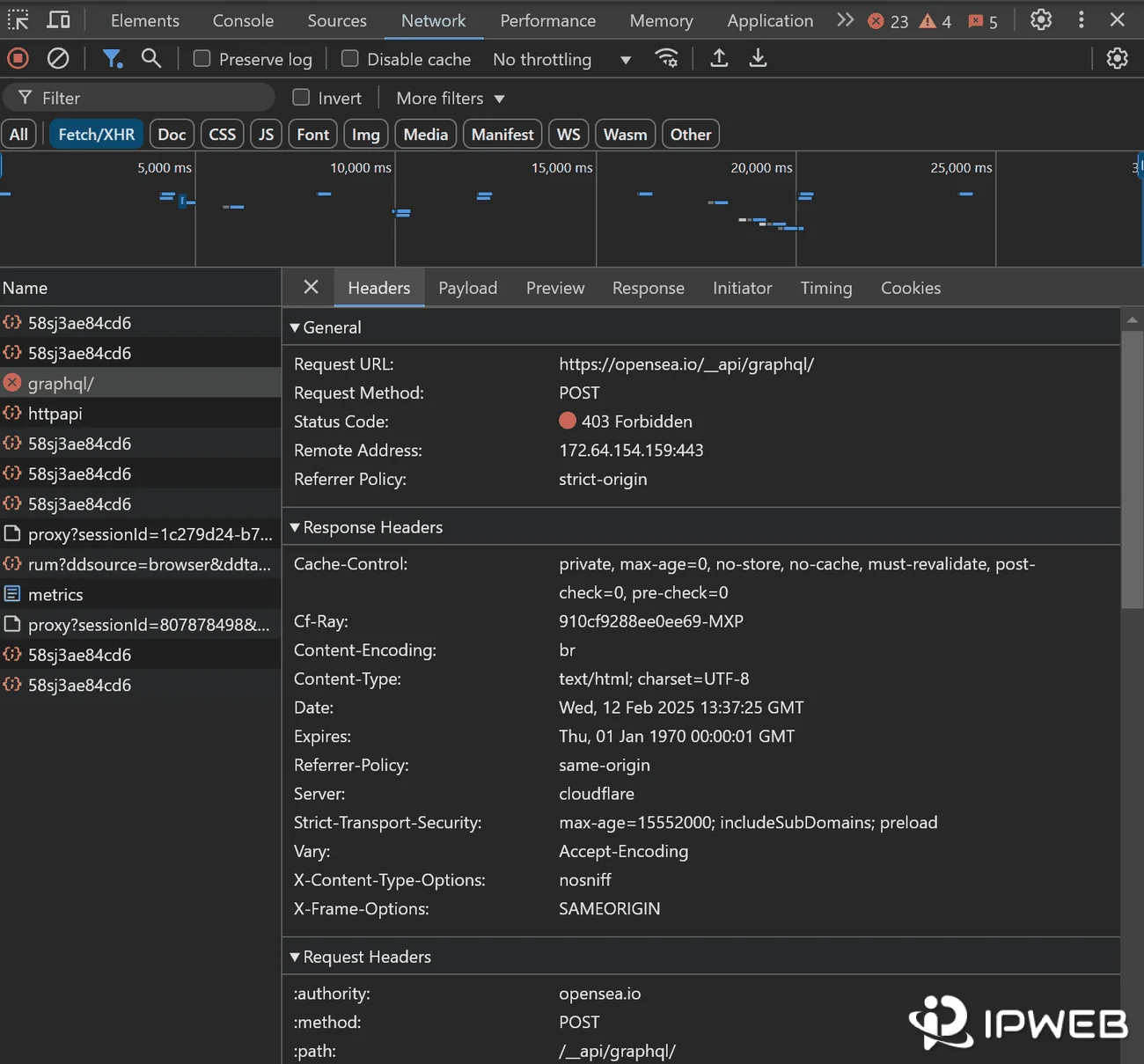 Chrome DevTools showing a 403 Forbidden network request and response headers