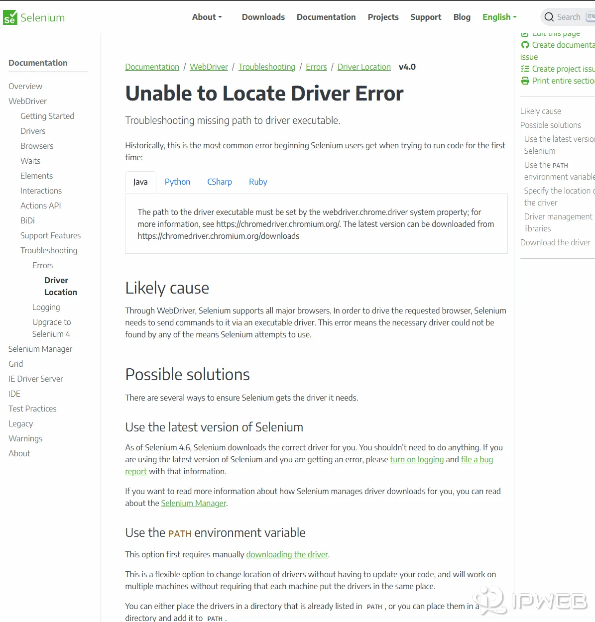 Selenium documentation page for the Unable to Locate Driver Error troubleshooting guide