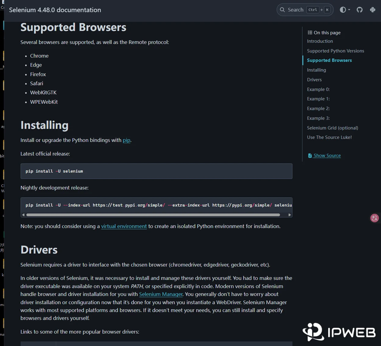 Selenium Python documentation showing the Installing and Drivers sections with the pip install command and Selenium Manager note