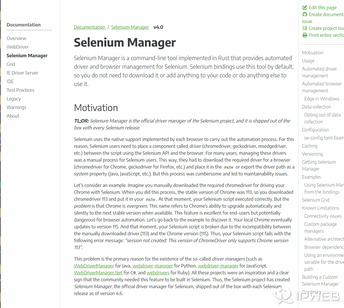 Selenium Manager documentation page explaining automated driver and browser management