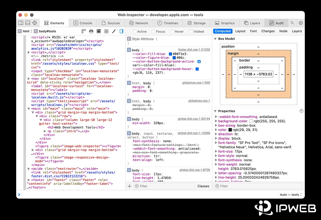 Safari Web Inspector on Mac showing Elements, Styles, and Computed layout details