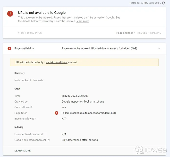 Google Search Console showing page cannot be indexed because access is forbidden 403