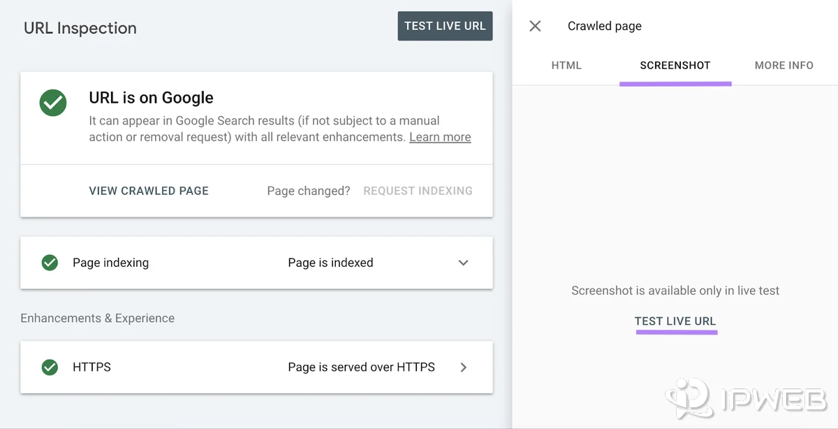 Google Search Console URL Inspection showing URL is on Google and page is indexed