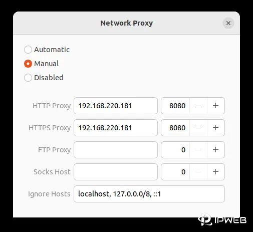 Ubuntu GNOME network proxy settings showing HTTP HTTPS SOCKS and ignore hosts