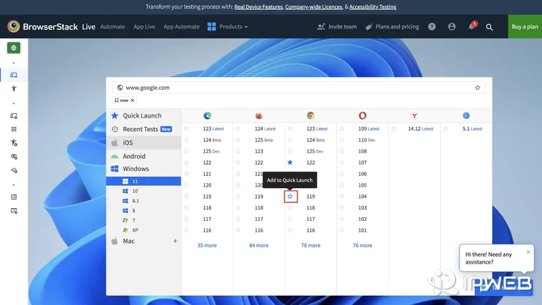 BrowserStack Live dashboard showing Windows 11 and multiple browser versions for cross-browser testing
