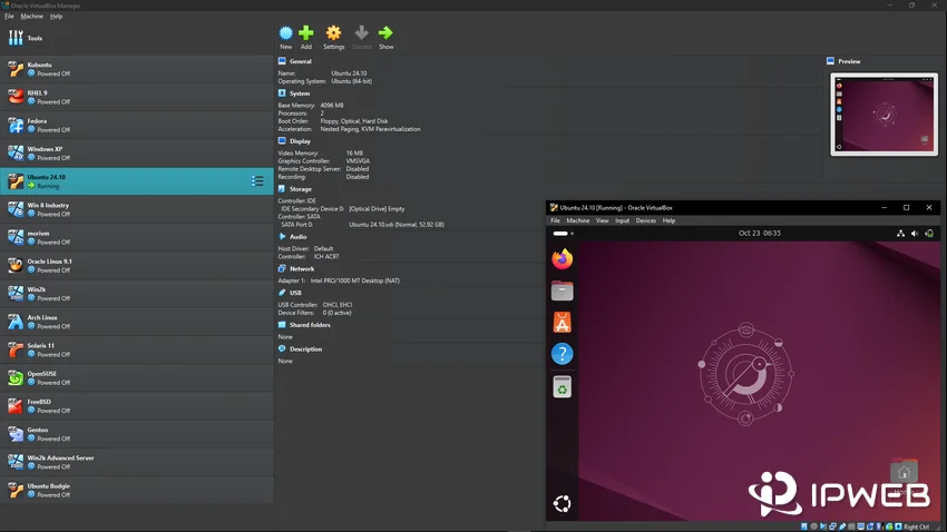 Oracle VirtualBox Manager showing Ubuntu 24.10 running as a guest virtual machine