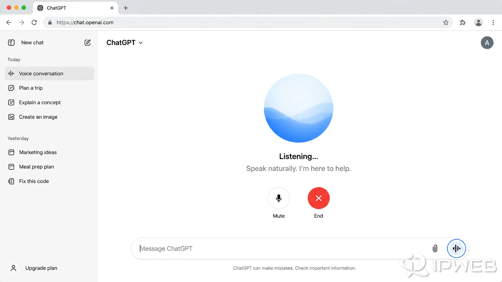 ChatGPT Voice conversation interface showing microphone mute and audio controls